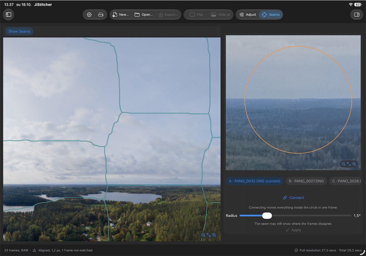 Adjust Seams on an iPad: part of the panorama with its seams on the left, and on the right a close view of the horizon with a circle, three frames to choose from, a Connect button and a radius slider.