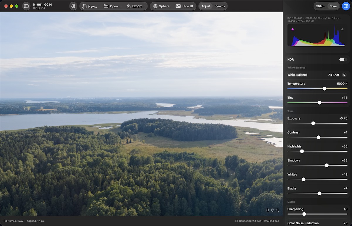 JiStitcher on a Mac with the Tone panel open: a histogram, an HDR switch, white balance, exposure, contrast, highlights, shadows, whites, blacks and sharpening sliders, next to a view of a lake and forest.
